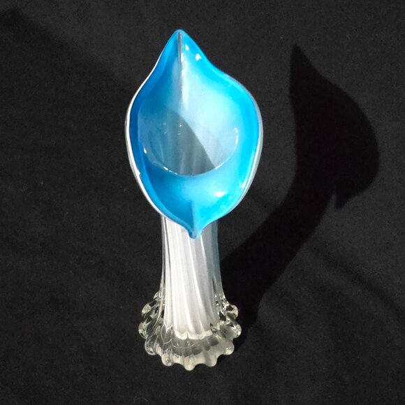 Vtg Hand Blown Art Glass Jack in the Pulpit Blue White Clear Vase 3 1/2"x7 1/2" - Picture 2 of 7